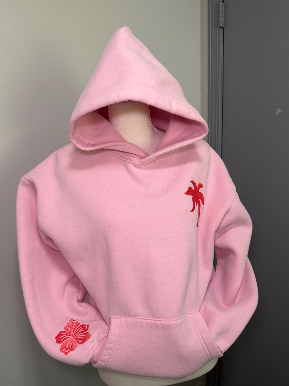 Pink Palm Puff Light Pink Hoodie with Coral Palm & Hibiscus Embroidery